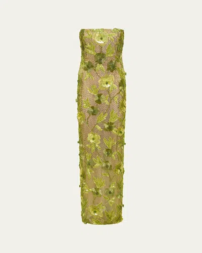Rachel Gilbert Pierre Floral Beaded Strapless Gown In Green