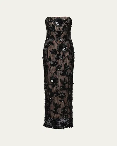 Rachel Gilbert Pierre Strapless Embroidered Tulle Column Gown In Black