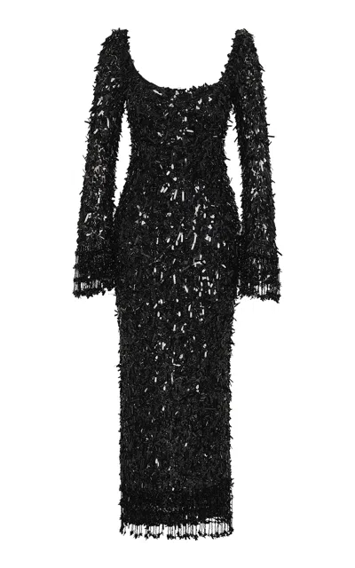 Rachel Gilbert Posie Fringed Tulle Gown In Black