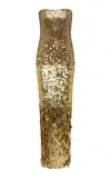 Rachel Gilbert Remy Metallic Sequin Tulle Strapless Gown In Gold