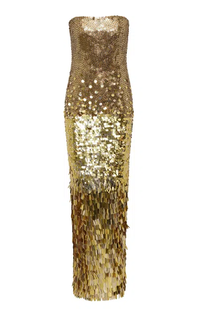 Rachel Gilbert Remy Metallic Sequin Tulle Strapless Gown In Gold