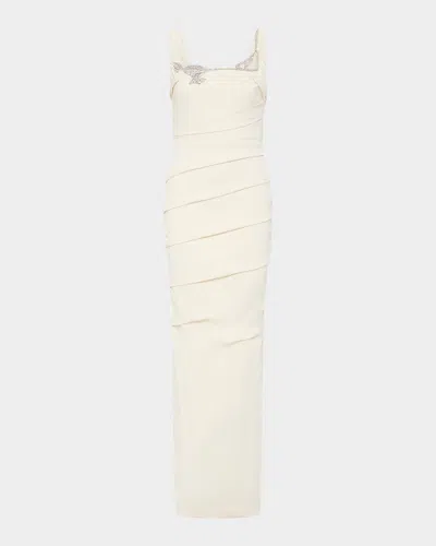 Rachel Gilbert Rhodes Crystal Square-neck Pleated Column Gown In Ivory