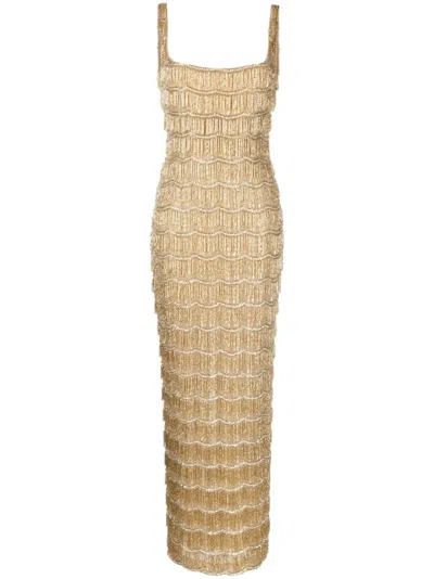 Rachel Gilbert Sadie Fringed Gown Dress In Neutrals