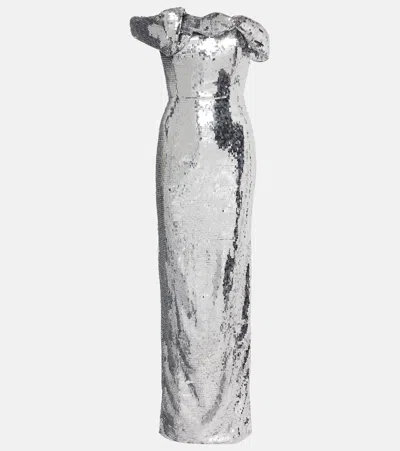 Rachel Gilbert Tamzin Sequined One-shoulder Gown In Silver