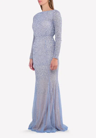 Rachel Gilbert Viera Embellished Floor-length Gown In Blue