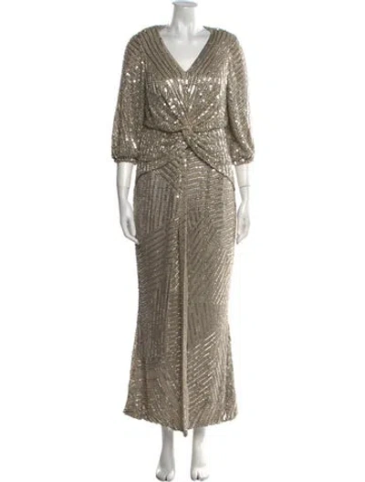 Pre-owned Rachel Gilbert V-neck Long Dress In Neutral