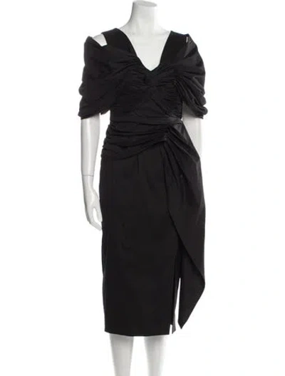 Pre-owned Rachel Gilbert V-neck Midi Length Dress In Black