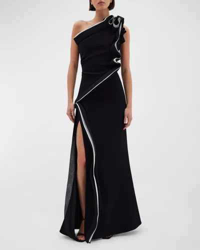 Rachel Gilbert Wilder Two-tone Ruffle One-shoulder Slit Gown In Blackwhite