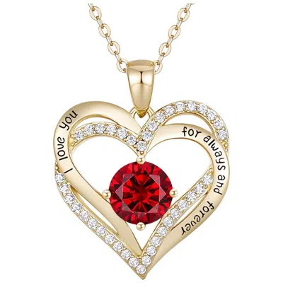 Rachel Glauber 14k Gold Plated Heart ''i Love You'' Pendant With Colored Cubic Zirconia In Red