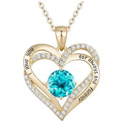 Rachel Glauber 14k Gold Plated Heart ''i Love You'' Pendant With Colored Cubic Zirconia In Blue