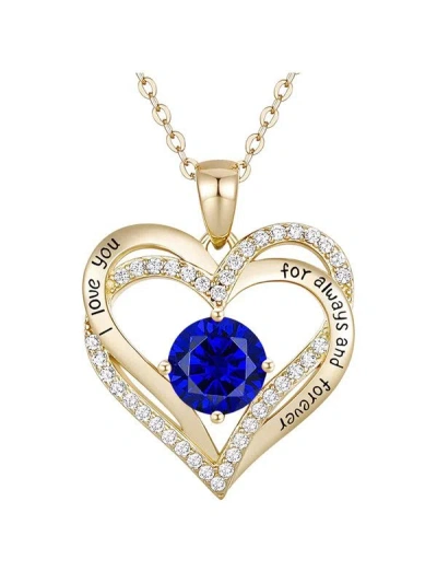 Rachel Glauber 14k Gold Plated Heart ''i Love You'' Pendant With Colored Cubic Zirconia In Blue