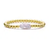 Rachel Glauber 14k Gold Plated With Baroque White Pearl Ball Bead Link Stretchable Layering Bracelet In Gold