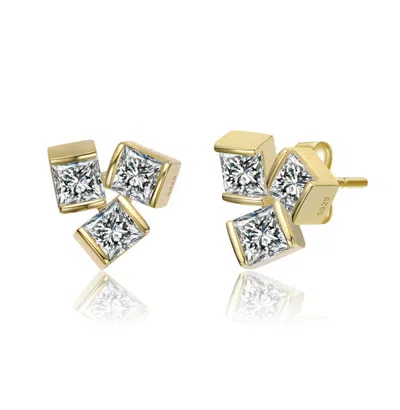 Rachel Glauber 14k Gold Plated With Clear Cubic Zirconia 3-stone Stud Earrings