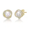 Rachel Glauber 14k Gold Plated With Clear Cubic Zirconia & Mother Of Pearl Stud Earrings In Gold