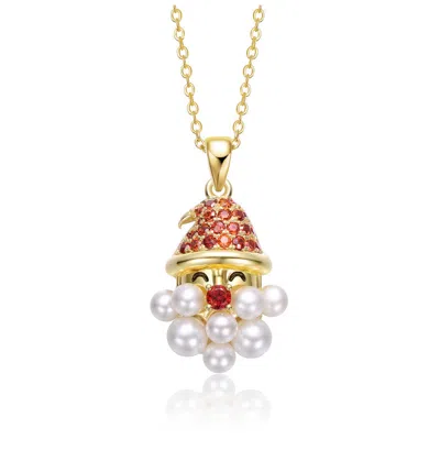 Rachel Glauber 14k Gold Plated With Colored Cubic Zirconia & White Pearl Santa Face Pendant Necklace In Silver