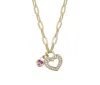 Rachel Glauber 14k Gold Plated With Colored Cubic Zirconia Paperclip Chain Heart Lock Pendant Necklace In Pink