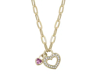 Rachel Glauber 14k Gold Plated With Colored Cubic Zirconia Paperclip Chain Heart Lock Pendant Necklace In Pink