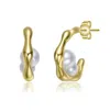 Rachel Glauber 14k Gold Plated With Curved Design And Pearl Accent Modern Huggie Earrings In Gold