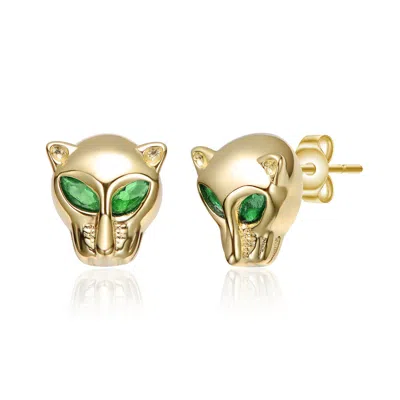 Rachel Glauber 14k Gold Plated With Emerald Green Cubic Zirconia Eyes, Animal Face Stud Earrings