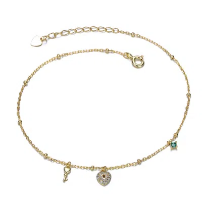 Rachel Glauber 14k Gold Plated With Emerald Green Cubic Zirconia Heart And Key Charm Bracelet