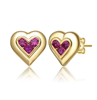 Rachel Glauber 14k Gold Plated With Ruby Red Cubic Zirconia 3-stone Cluster Heart Stud Earrings