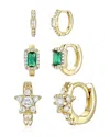Rachel Glauber 14k Gold Plated With Emerald & Cubic Zirconia Halo Star 3-piece Hoop Earrings Set