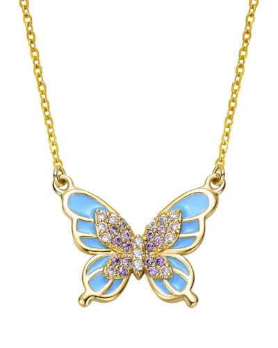 Rachel Glauber 14k Plated Cz Butterfly Necklace In Blue