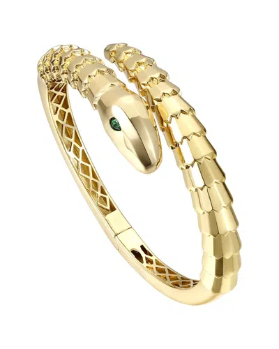 Rachel Glauber 14k Plated Cz Coiled Serpent Bypass Bangle Bracelet In Green
