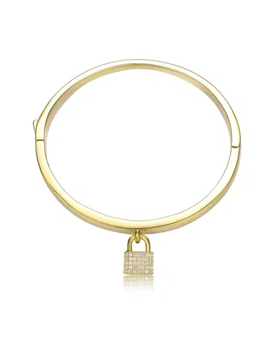 Rachel Glauber 14k Plated Cz Padlock Charm Stacking Bangle Bracelet In Gold