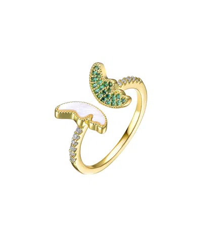 Rachel Glauber Gold Plated Green Cubic Zirconia Bypass Ring In Mother Of Pearl