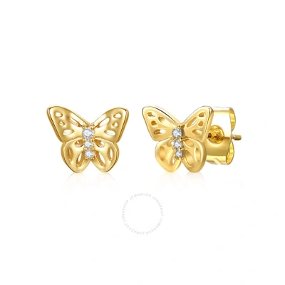 Rachel Glauber 14k Yellow Gold Plated With Cubic Zirconia 3-stone Filigree Butterfly Stud Earrings In Gold-tone