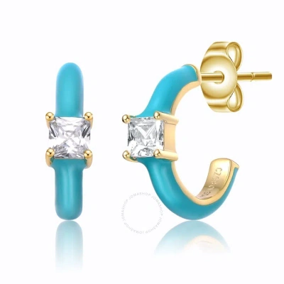 Rachel Glauber 14k Yellow Gold Plated With Cubic Zirconia Blue Turquoise Enamel C-hoop Earrings