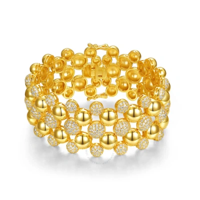 Rachel Glauber 14k Yellow Gold Plated With Cubic Zirconia French Pave Medallion Mesh Link Bracelet In Gold-tone