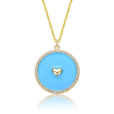 Rachel Glauber 14k Yellow Gold Plated With Cubic Zirconia Heart Enamel Round Pendant Necklace In Blue