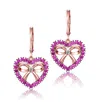 RACHEL GLAUBER 18K ROSE GOLD PLATED HEART DANGLE EARRINGS WITH CLEAR AND RUBY CUBIC ZIRCONIA