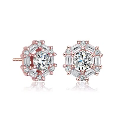 Rachel Glauber 18k Rose Gold Plated With Round And Baguette Clear Cubic Zirconia Stud Earrings In Multi
