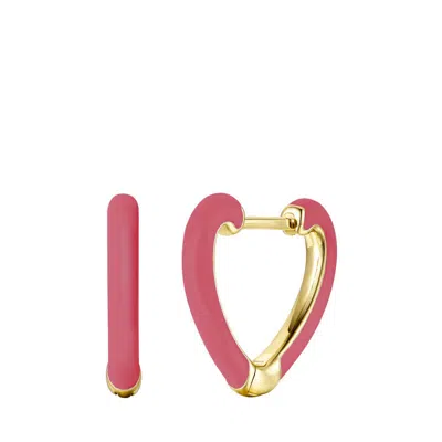 Rachel Glauber Children's 14k Gold Plated With Magenta-red Enamel Inlay Heart Hoop Earrings In Pink