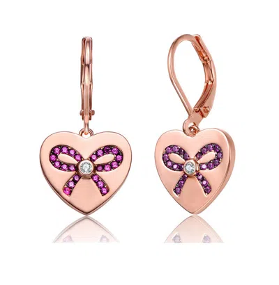 RACHEL GLAUBER CHILDREN'S 18K ROSE GOLD PLATED RIBBON CRAFTED ON HEART DROP EARRINGS