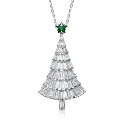 Rachel Glauber Christmas Tree Cubic Zirconia White And Emerald Green Pendant/brooch In Silver-tone