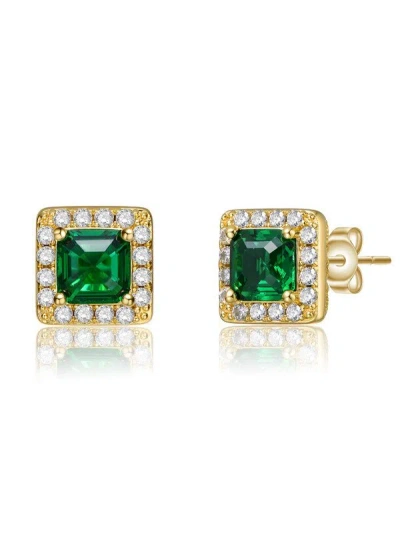 Rachel Glauber Classy Halo Square Stud Earrings In Green