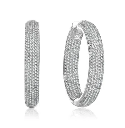 Rachel Glauber Clear Cubic Zirconia 10-row French Pave Inside Out Large Tubular Hoop Earrings In Silver