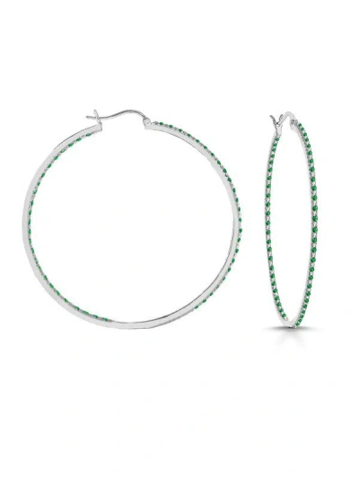 Rachel Glauber Colored Cubic Zirconia Slim Large Hoop Earrings In Green