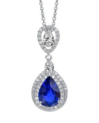 Rachel Glauber White Gold Plated Sapphire Blue Pear Cubic Zirconia Double Halo Dangle Pendant Necklace In Multi