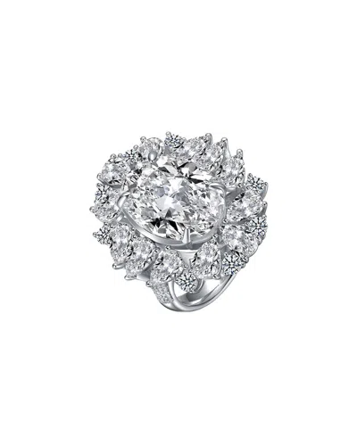 Rachel Glauber White Gold Plated With Clear Cubic Zirconia Oval Cocktail Snowflake Cluster Ring In Silver
