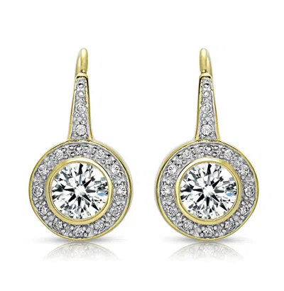 Rachel Glauber Halo Dangle Earrings With Bezel Set Round Cubic Zirconia In Gold