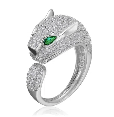 Rachel Glauber Panther Head With Emerald Green & Clear Cubic Zirconia Open Design Ring In Silver