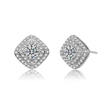 Rachel Glauber Ra Cubic Zirconia Pave Square Shape Stud Earrings - Rhodium Plated In White