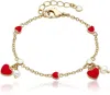 Rachel Glauber Rg 14k Yellow Gold Plated With Red Enamel Heart & Pearl Dangle Charm Bracelet In Red