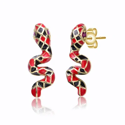 Rachel Glauber 14k Yellow Gold Plated With Ruby Cubic Zirconia Black & Red Enamel 3d Slithering Curling Snake Earri