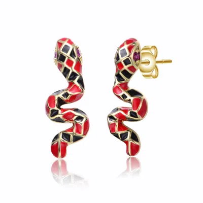 Rachel Glauber Rg 14k Yellow Gold Plated With Ruby Cubic Zirconia Black & Red Enamel 3d Slithering Curling Snake Ea